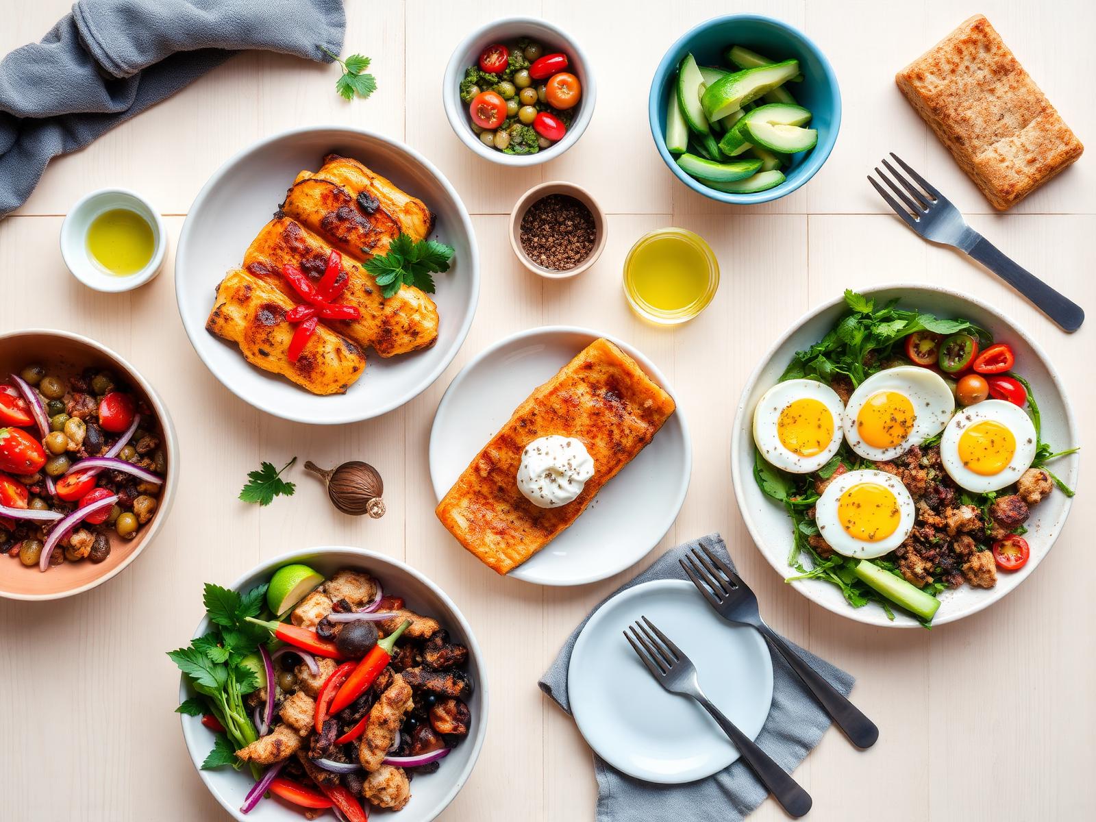Mesa con variedad de platos altos en proteína